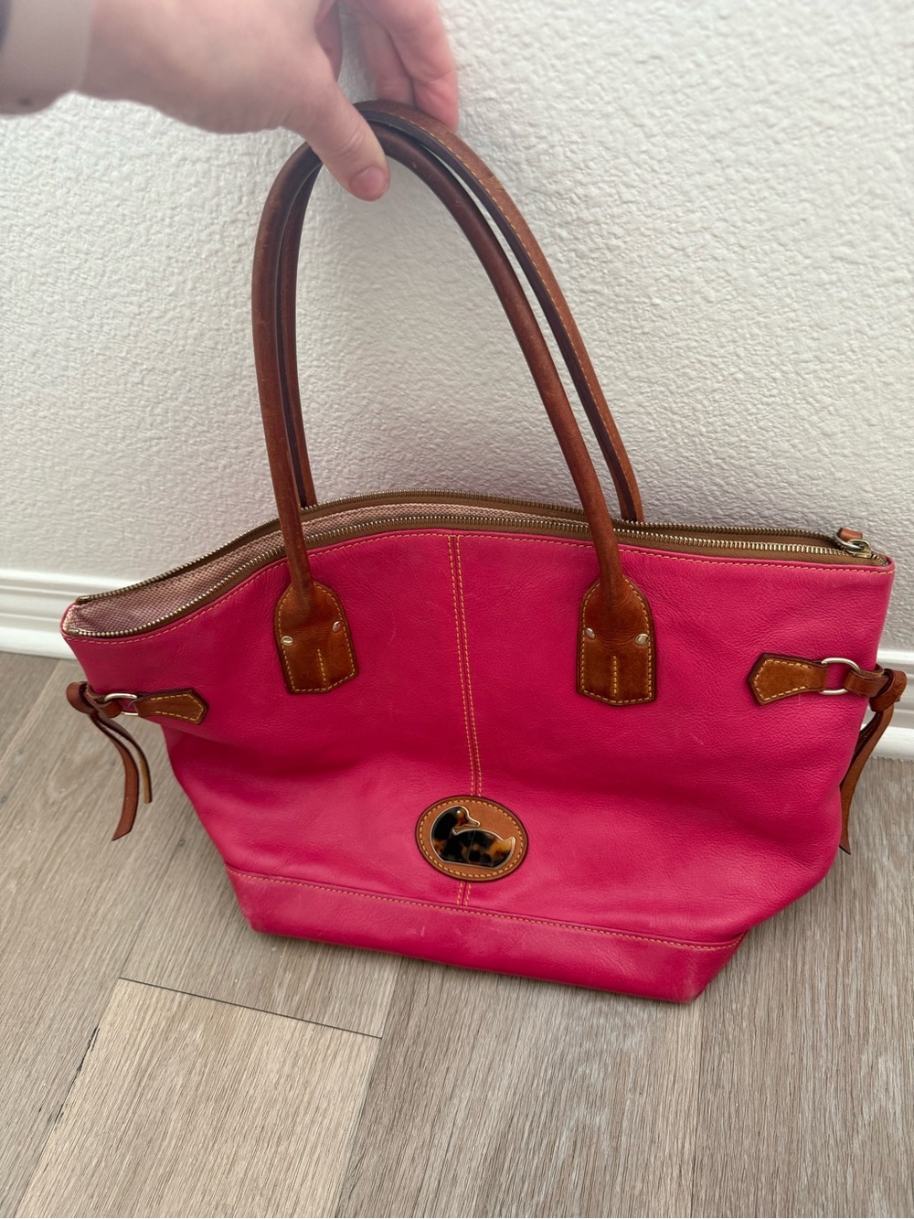 Dooney & Bourke Hot Pink Leather Tote with Brown Trim